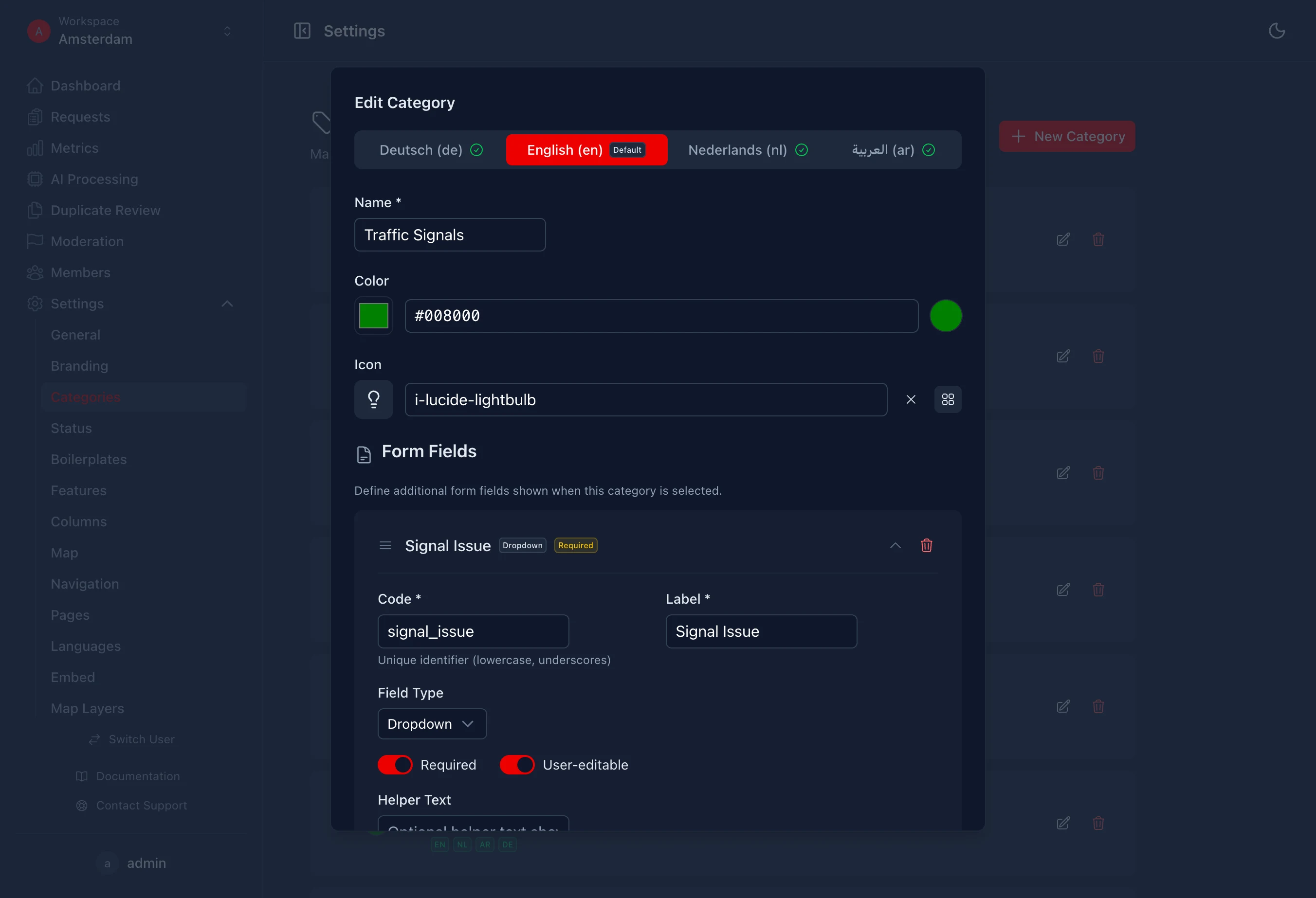 Editor kategorií služeb s typovanými atributy a vícejazyčnými volbami
