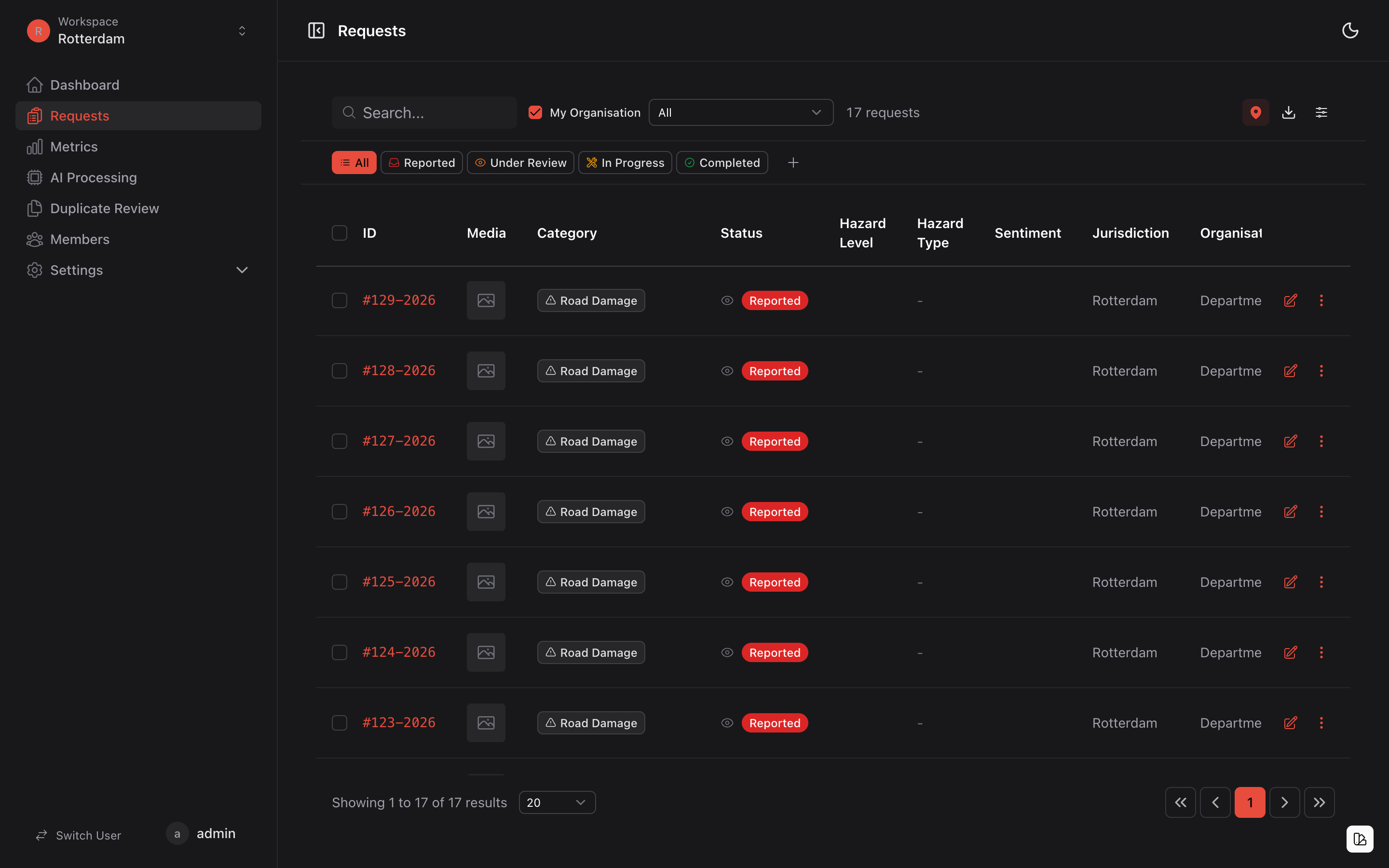 Rapportlista med filtrering och statushantering