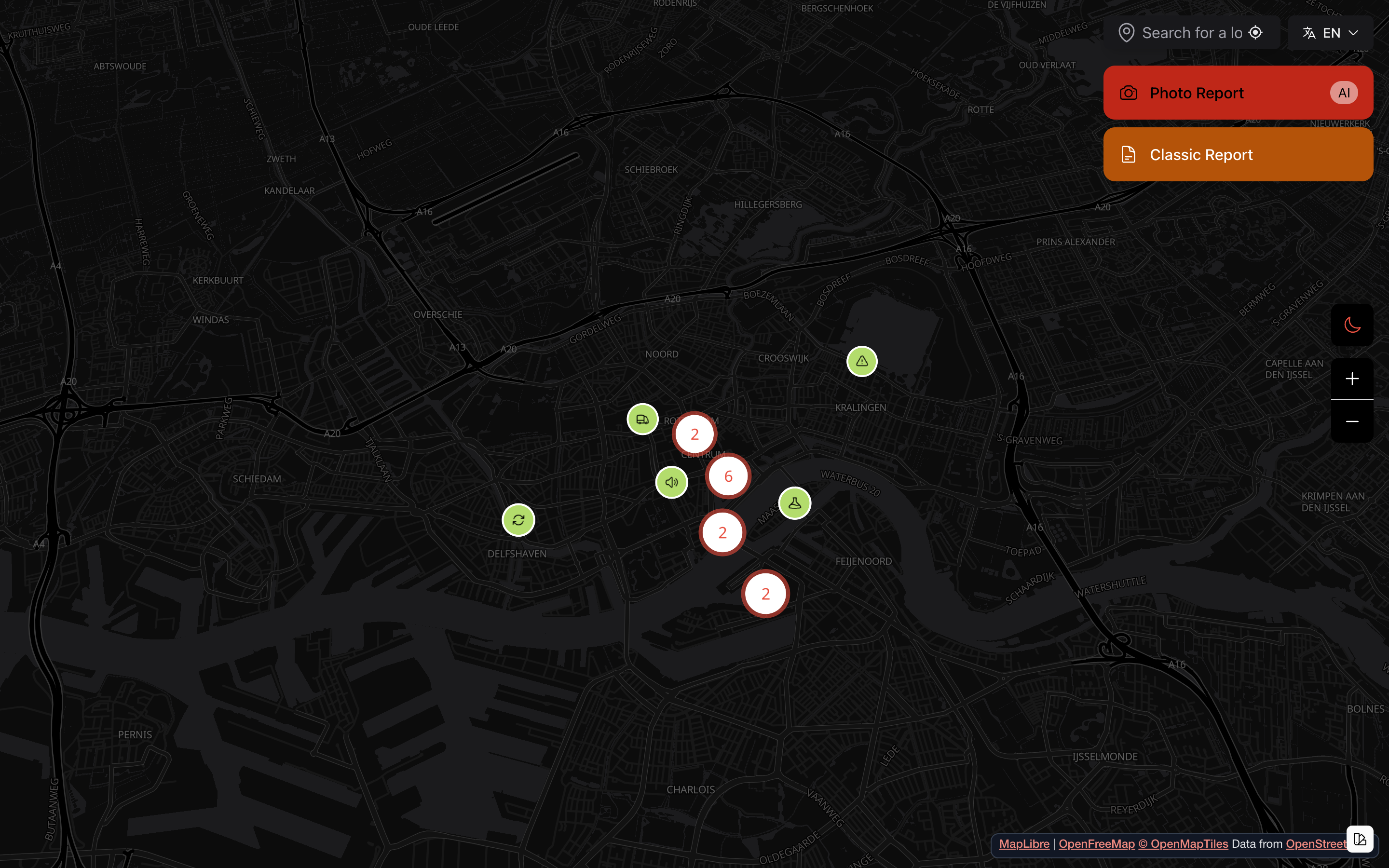 Interaktiv karta med rapportmarkörer i Amsterdam